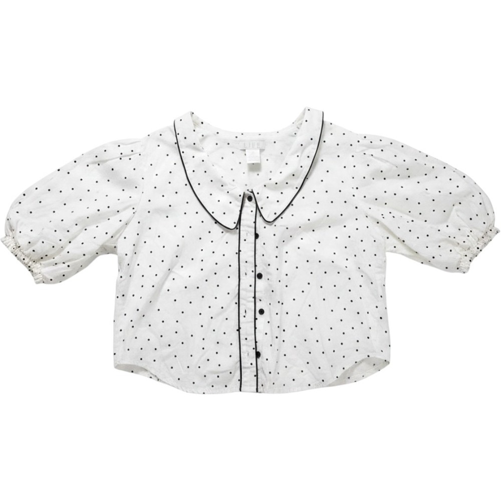 Life Polka Dot Blouse Peter Pan Collar Puff Sleeve White Black XL Cotton Womens
